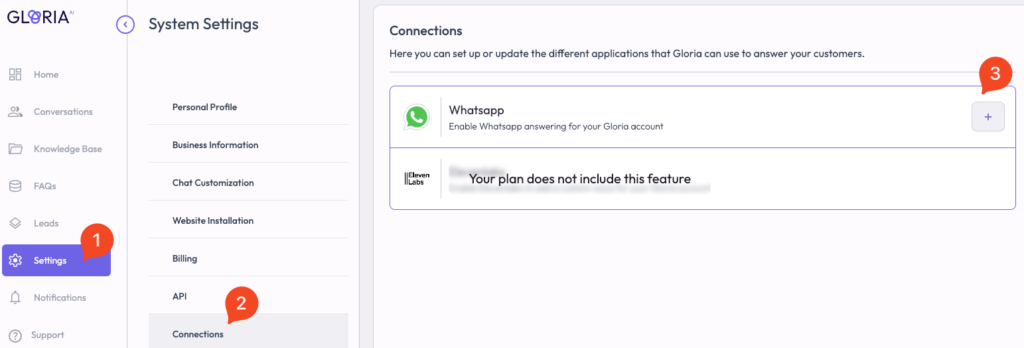 Gloria backoffice Whatsapp Configuración